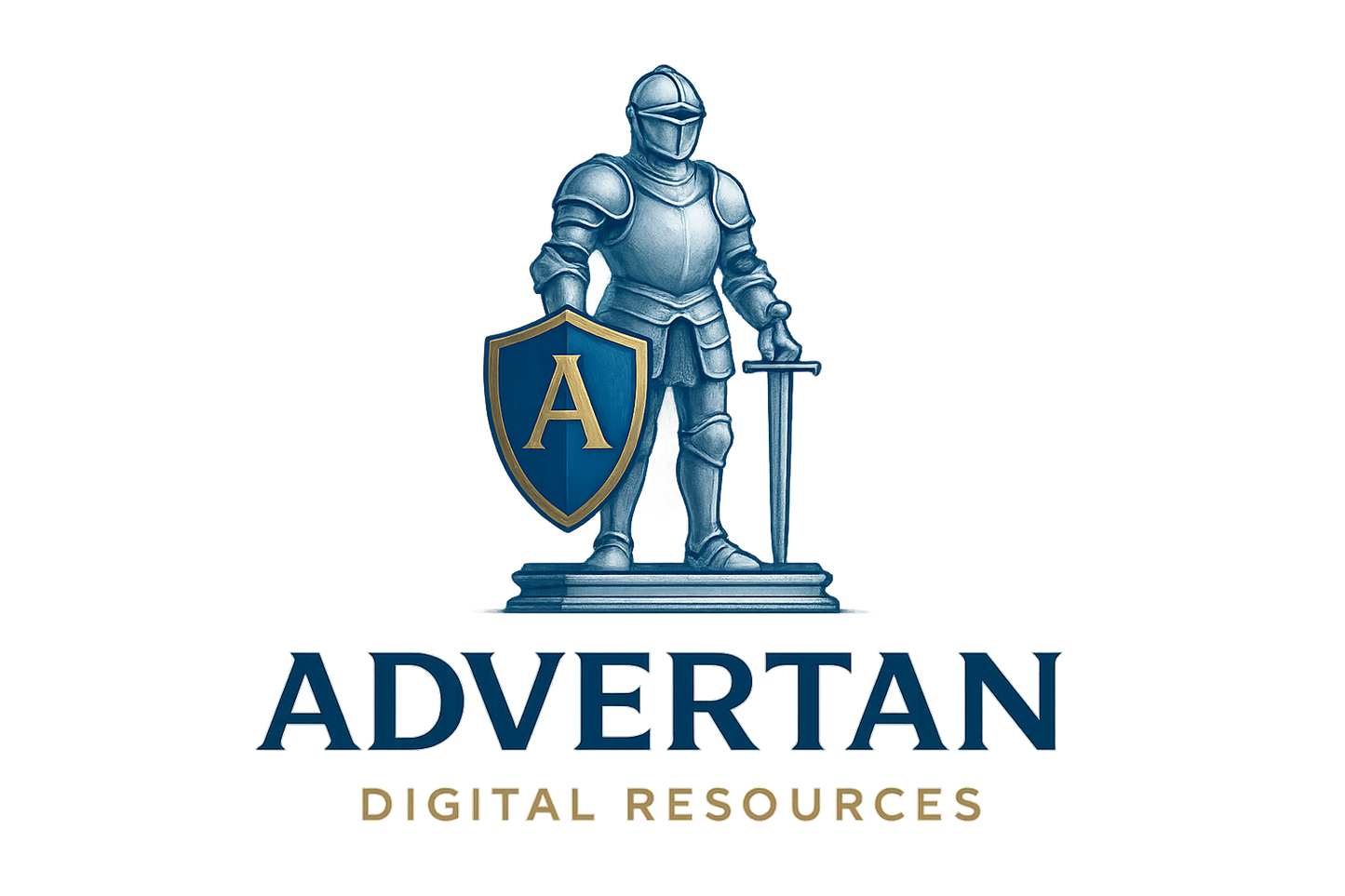 Advertan logo with complete armor suit standing on a platform