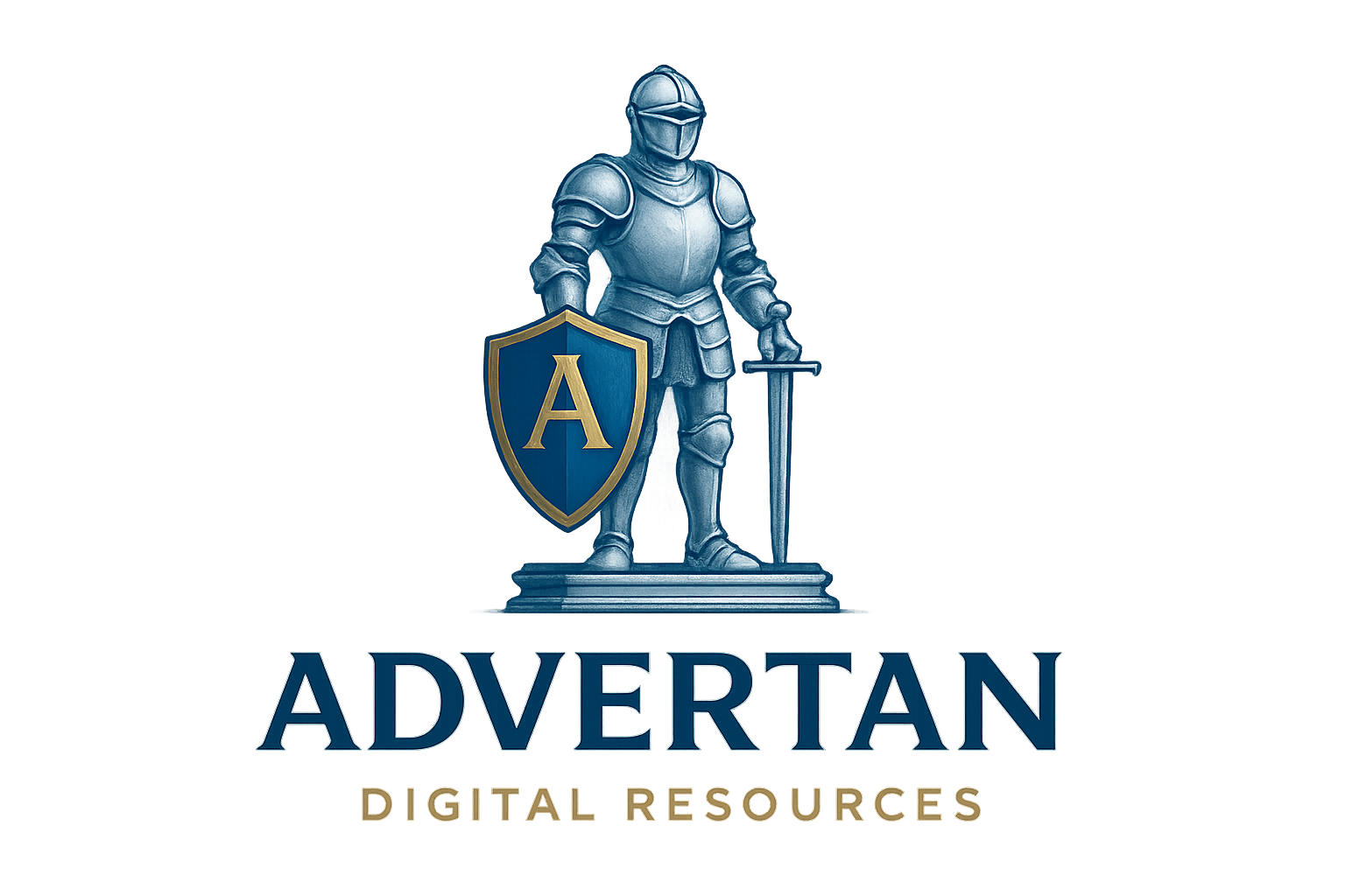Advertan logo with complete armor suit standing on a platform