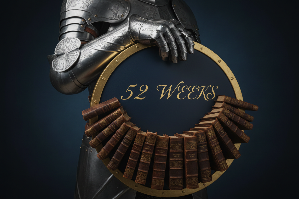 Knight's armored arm holding shield with 52 Weeks and 9 books arsenal