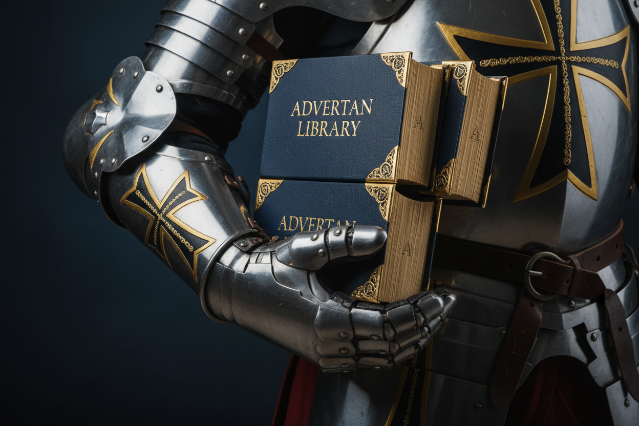 Knight's armored hand holding 2 Advertan Library books