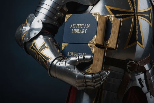 Knight's armored hand holding 2 Advertan Library books
