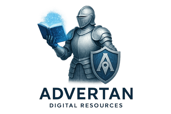 Realistic Advertan logo with white knight armor, digital resource books, A-shaped shield with Google Maps marker, and digital blue design