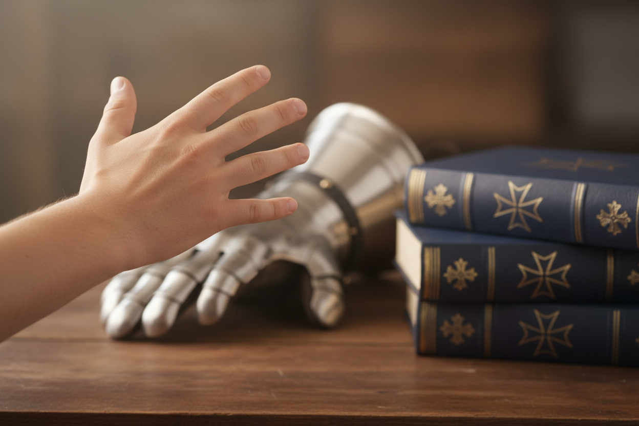 Squire's unarmored hand reaching toward knight armor and books